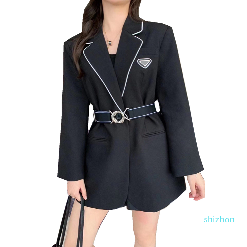 

2022 Womens Jackets Ladies Elegant Mystic Blazer girdle classic triangle badge top skirt set long skirt jacket lapel tunic coat socialite Outerwear evening dress, Black dress