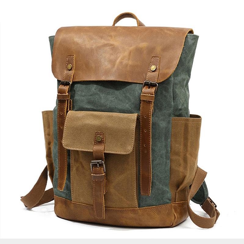 

Backpack Men Travel Waterproof Computer Laptop Bag Vintage Oil Wax Canvas Backpacks Leather Military Male School BagBackpack, Army green