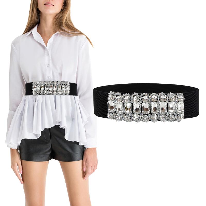 

Belts Belt No Holes For Men Women Fashion Crystal Beaded Elastic Wide Daily Travel Note 8 HolderBelts, White