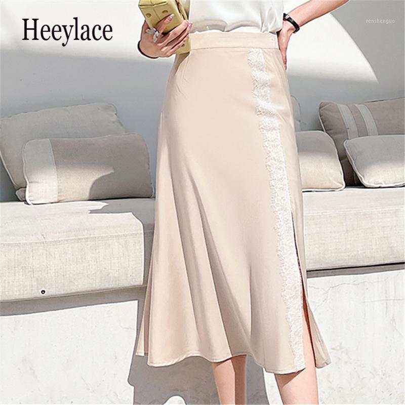 

Skirts Fashion Summer 2022 Satin Elegant Female Skirt Office Lady Lace Splicing Slit For Women, Beige