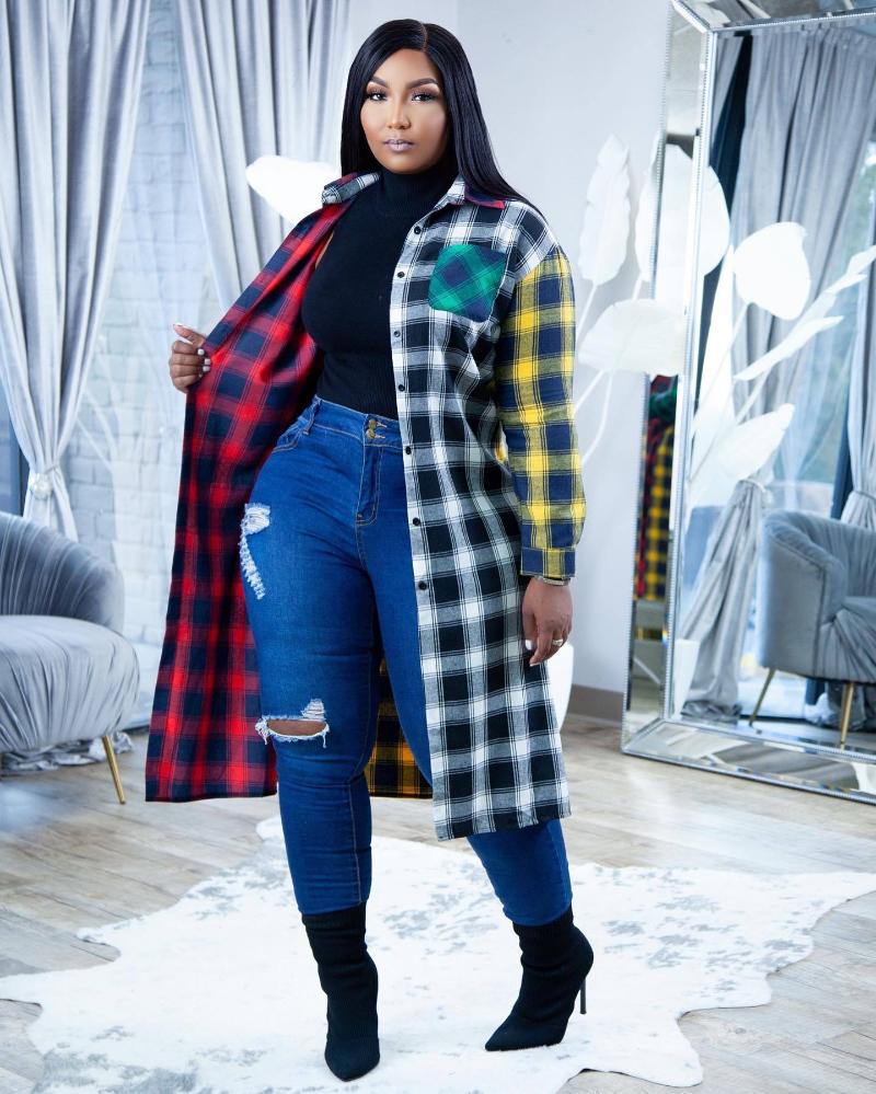 

Women's Plus Size Outerwear & Coats Stitching Contrast Color Loose Single-Breasted Lapel Female Long-Sleeved Plaid Shirt JacketWomen's, One color