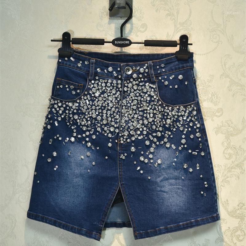 

Skirts Designer Skirt For Women Vintage Beading Diamond Denim, Blue