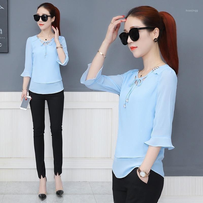 

Summer Elegant Lady Shirts Bow Chiffon Blouse Female Casual Short Sleeve Blusas Femininas Fashion Blouses Women Tops K60 Women, Blue