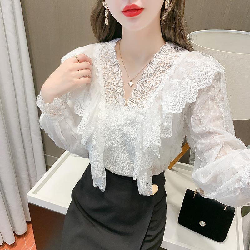 

Women' Swimwear Women Tops Long Sleeve Blouse Blusas Mujer De Moda Verano Elegantes Shirts Spring And Summer Lace Ruffles Korean VersionWom, White