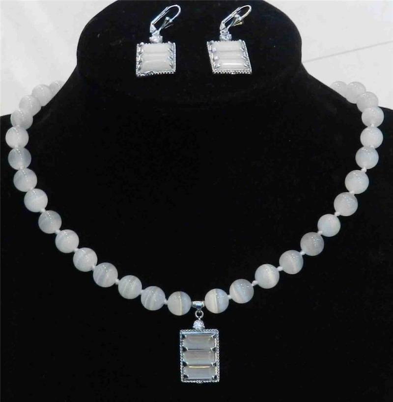 

Earrings & Necklace Beautiful White Mexican Opal Round Beads Gems Pendant Earring Set 18"Earrings, As pic