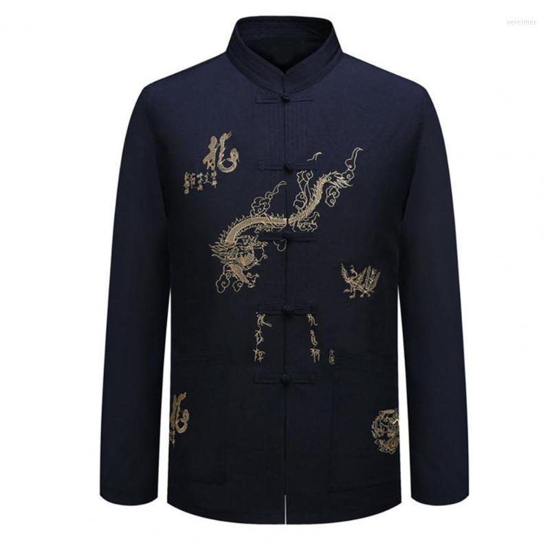 

Men's Dress Shirts Men Shirt Long-sleeve Comfortable Polyester Casual Traditional Embroidery Dragon Male Clothes TopMen's Vere22, Beige