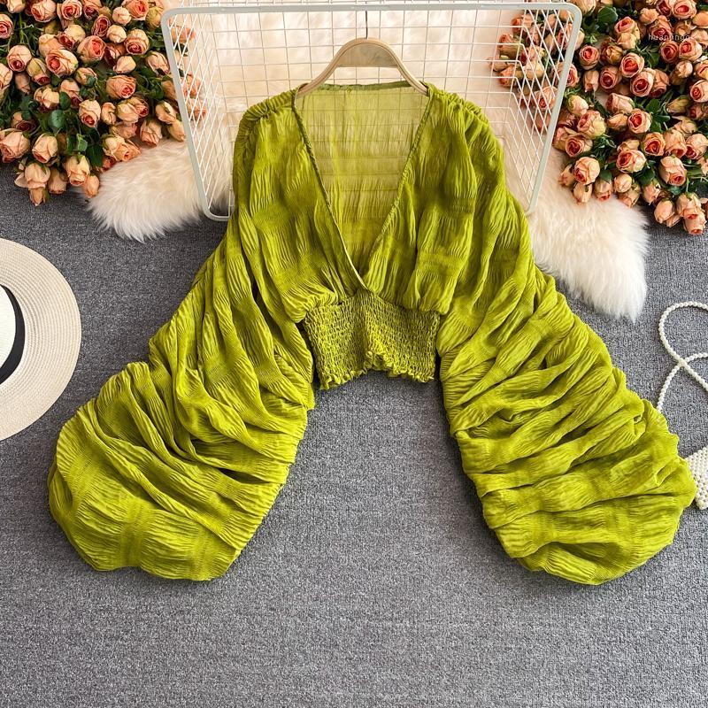 

Women's Blouses & Shirts Neploe Personality Loose V Neck Chiffon Tops Women 2022 Autumn Fashion Slim Waist Short Blouse Korean Folds Lantern, Green