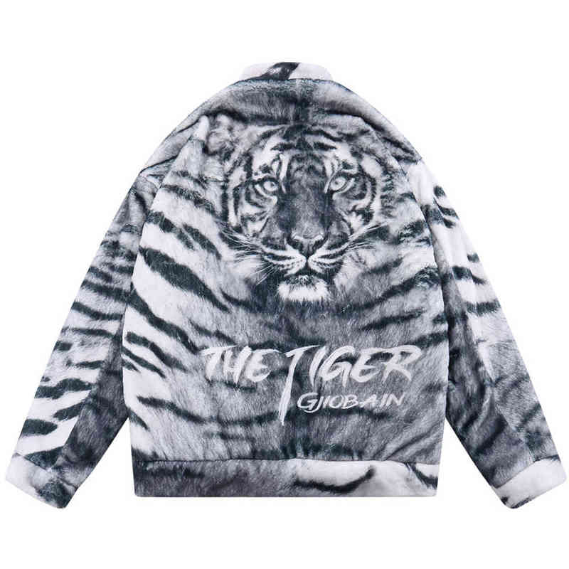 

Hip Hop Parka Jacket Men Tiger Print Pattern Plush Padded Coats 2021 Couple Winter Streetwear Harajuku Casual Loose Outwear Tops T220728, White