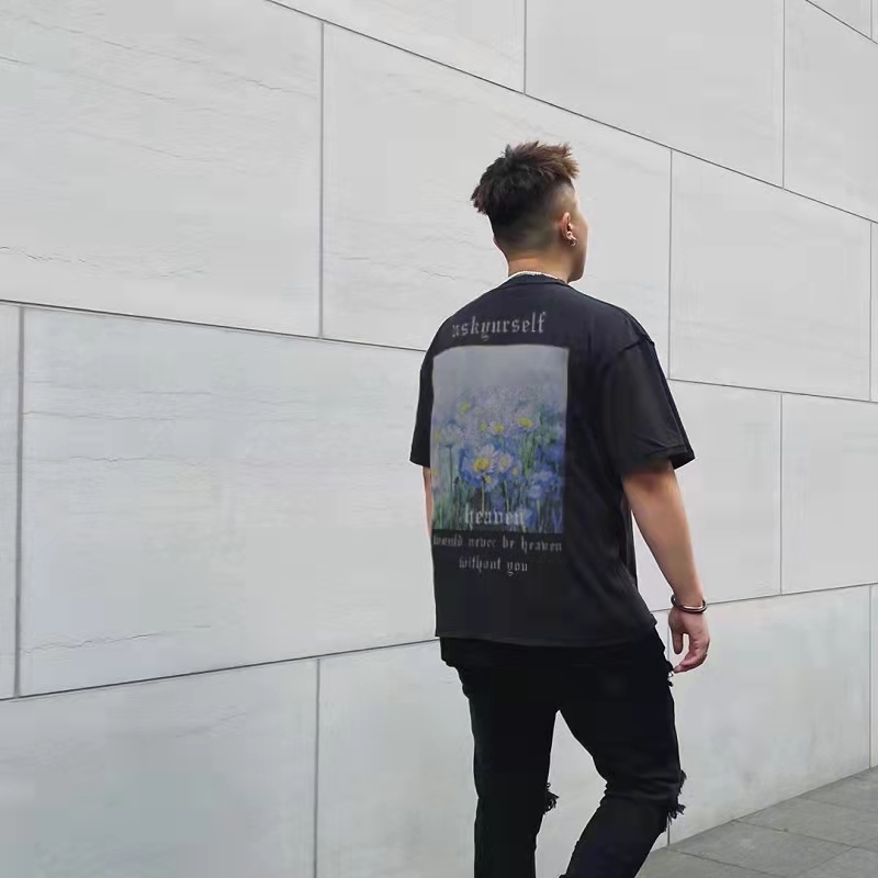 

High Street Floral Letters Couple Loose T-Shirt Casual Round Neck Short Sleeve