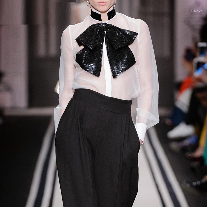 

Fashion Spring Summer Sexy See Through Mesh Sheer Blouse Shirt Women Sequin Bow Perspective Long Sleeve Tops Women' Blouses & Shirts, White