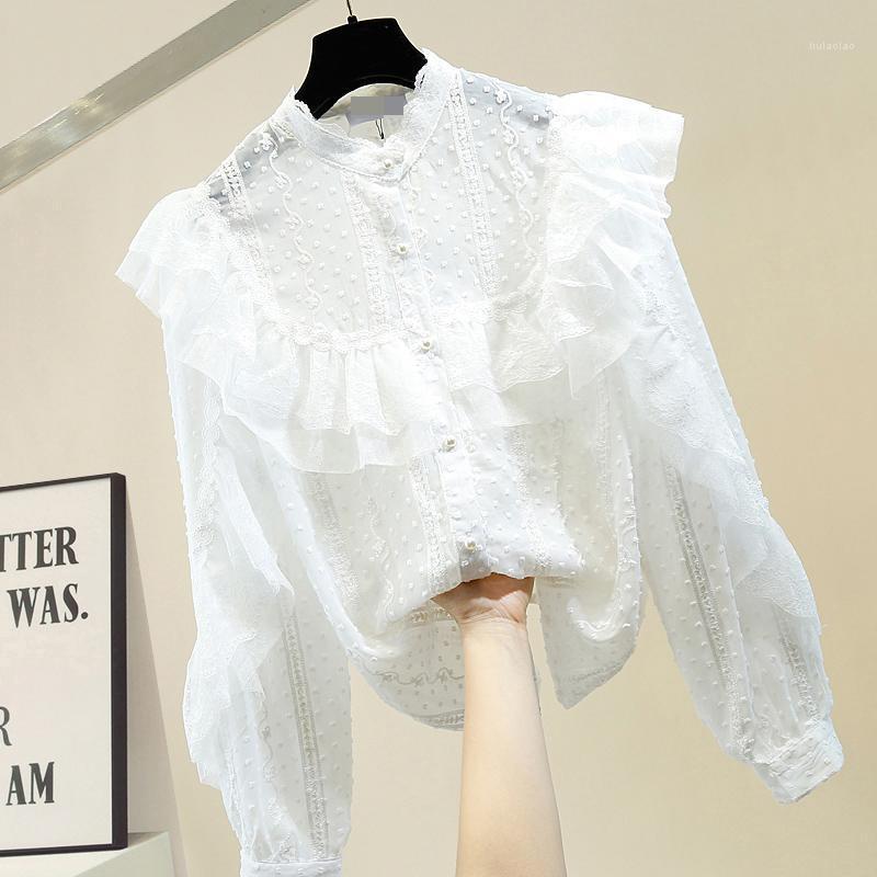 

White Blouse Women Sweet Chiffon Lace Frilled Transparent Stand Collar Shirt Women's Single Breasted Elegant Tops Ladies Top Blouses &