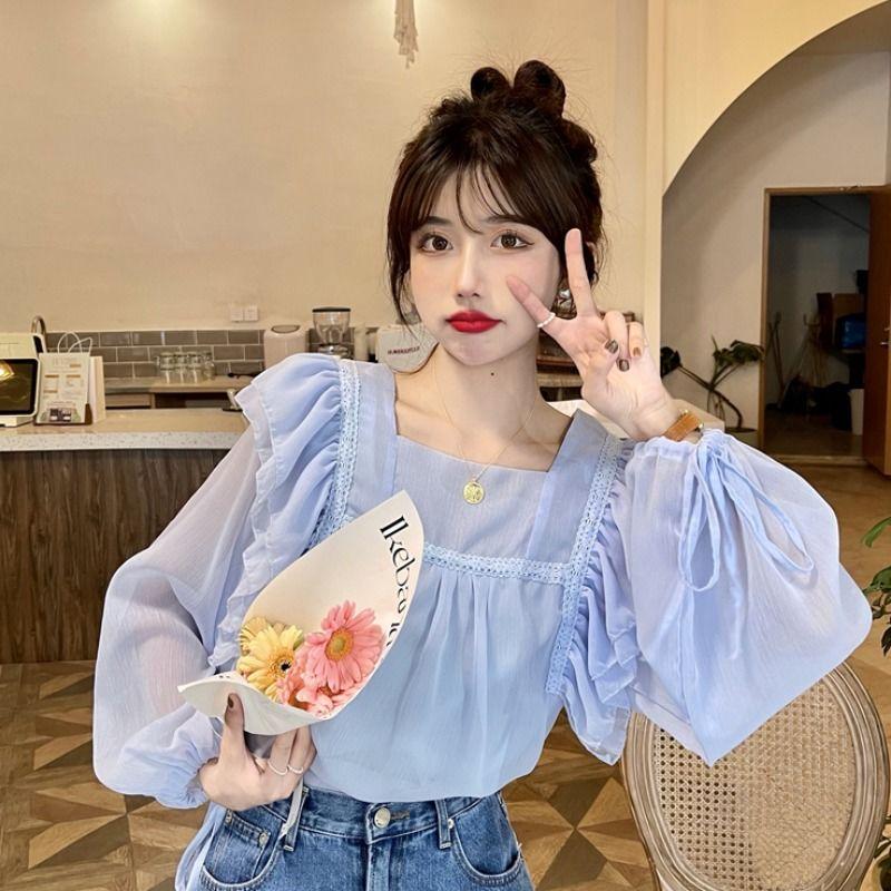 

Women' Blouses & Shirts Blouse Women Sweet Lovely Ladies Long Sleeve Chic Tender Square Collar Solid Loose Mujer Feminino H77Women, White