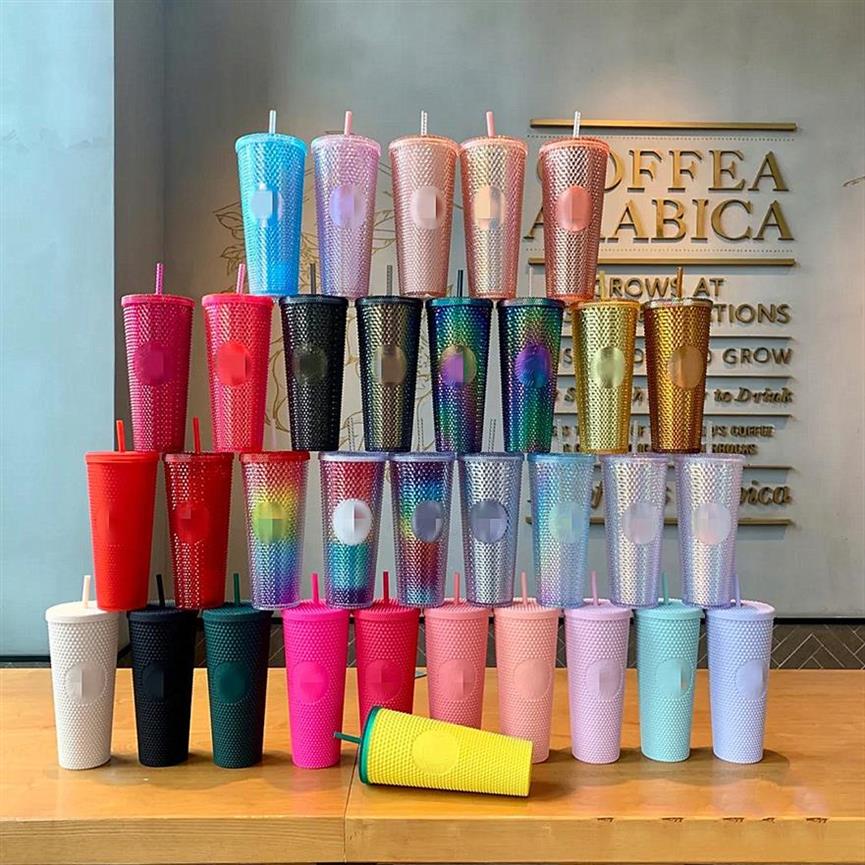 

24oz Personalized Starbucks Mugs Iridescent Bling Rainbow Unicorn Studded Cold Cup Tumbler Coffee Mug with Straw Reusable Clear Dr311L, With cup+lid+straw