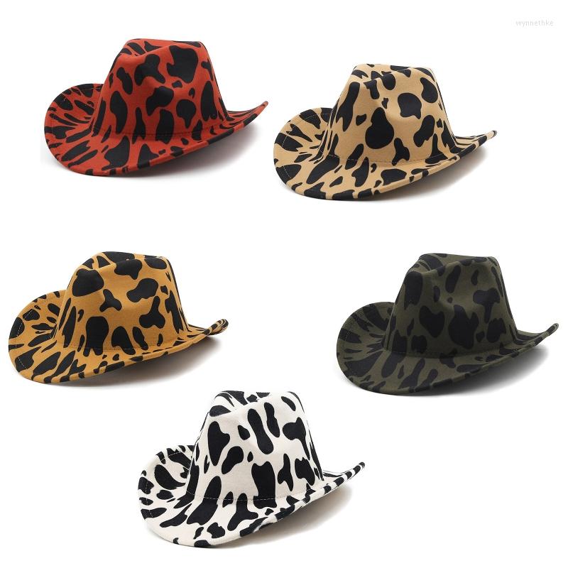 

Berets Western Cowboy Hat Cow Pattern Print Big Brim Jazz Top All-match Felt For UnisexBerets, White