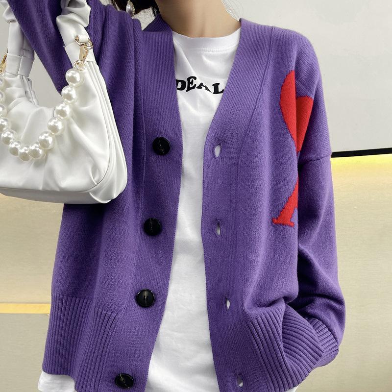 

Women' Knits & Tees Sweater Women Knitted Cardigan 2022 Korean Style Love Embroidery Loose Long-Sleeved V-Neck Coat, Black