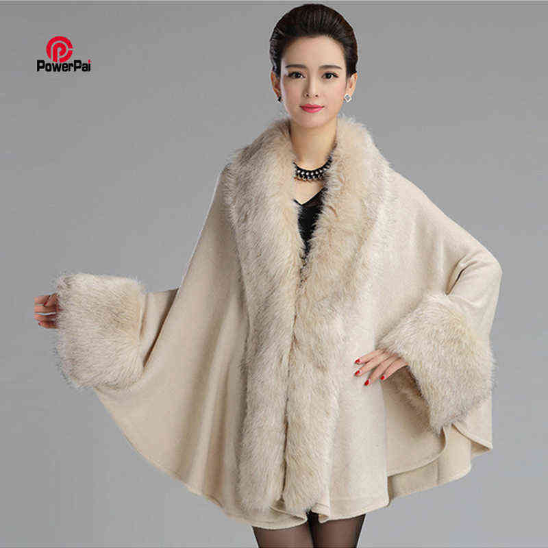

Autumn Winter Luxury Faux Fox Fur Poncho Cape Coat Women Large Banana Collar Scarf Knitted Cashmere Vest Pashmina Wraps J220719, White
