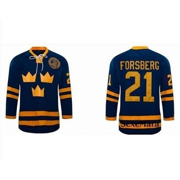 

C26 Nik1 Custom Men Youth women Nik1 tage Hot #21 Peter Forsberg Jersey Team SWEDEN Hockey Jersey Size S-5XL or custom any name or number, Blue men s-5xl