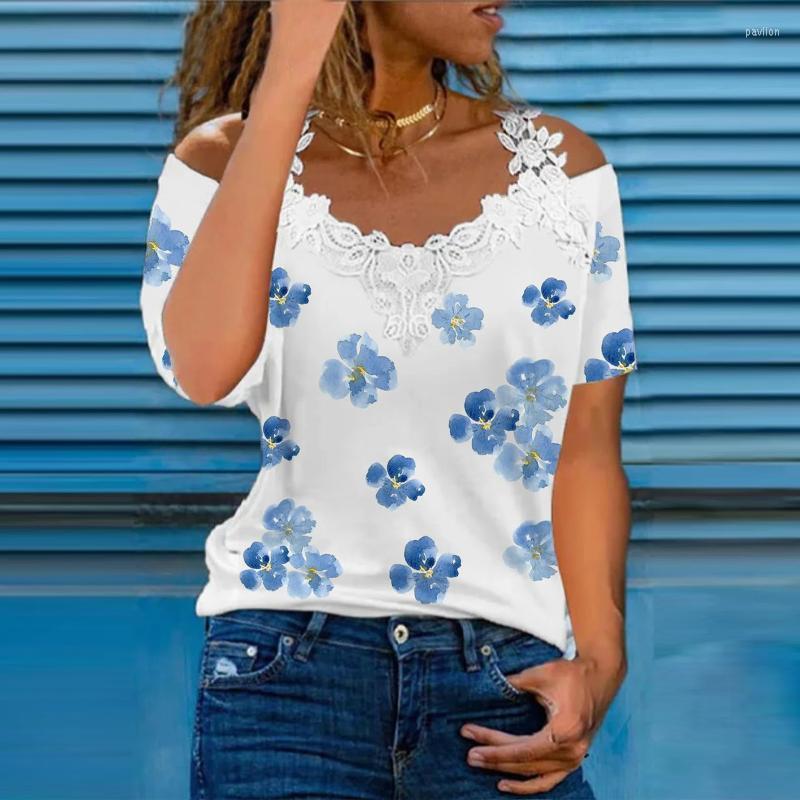

Women' Blouses & Shirts Bohomia Casual Tops Women Summer V-neck Lace Sling Loose Flroal Printed Short Sleeve FemaleWomen, Navy blue
