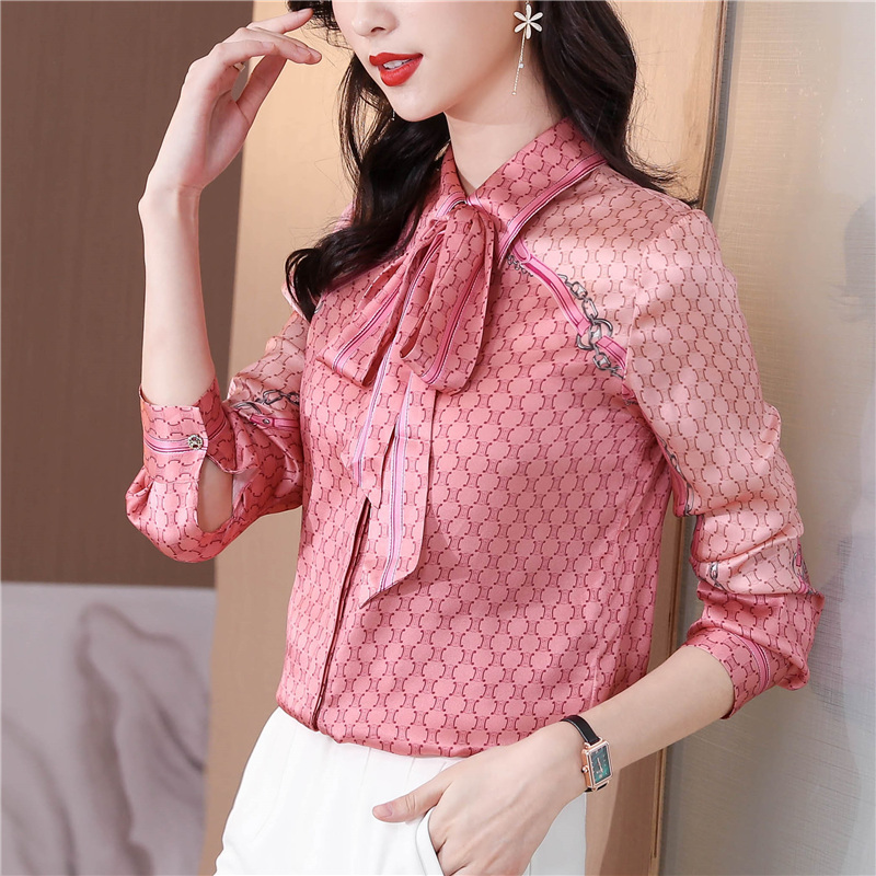 

2022 Women Fashion Print Pink Blouses Long Sleeve Vintage Ribbon Bow Silk Shirt Ladies Office Lapel Button Shirts Spring Autumn Woman Clothes Designer Blouse Tops, Orange
