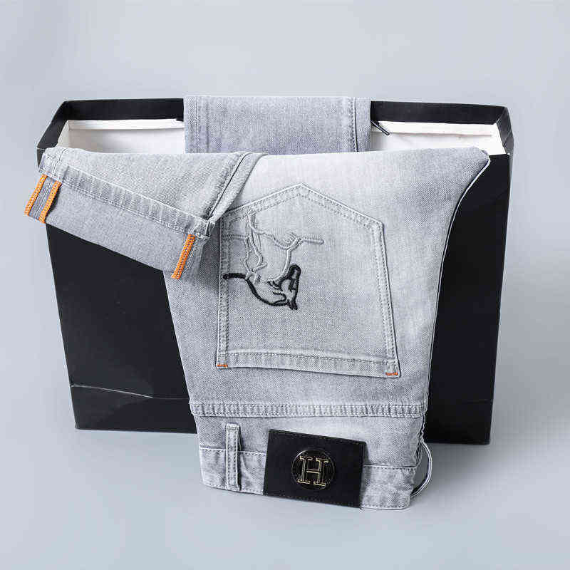 

High-end Embroidered Men's Jeans Summer Thin Style Simple Fashion Slim Fit Elastic Straight Pants, Am-h6051a
