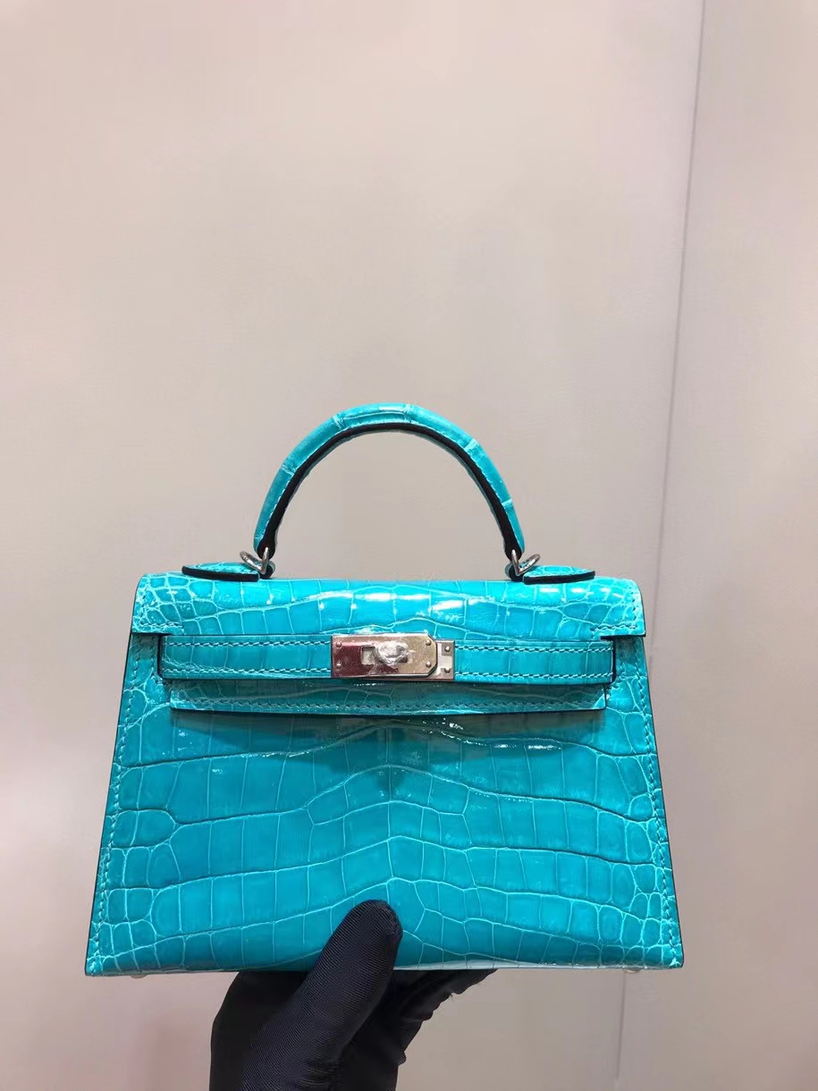 

20cm fully handmade totes real shinny crocodile Luxury mini bag wholesale price blue yellow brown etc 8colors to choose with wax line stitching, Beige