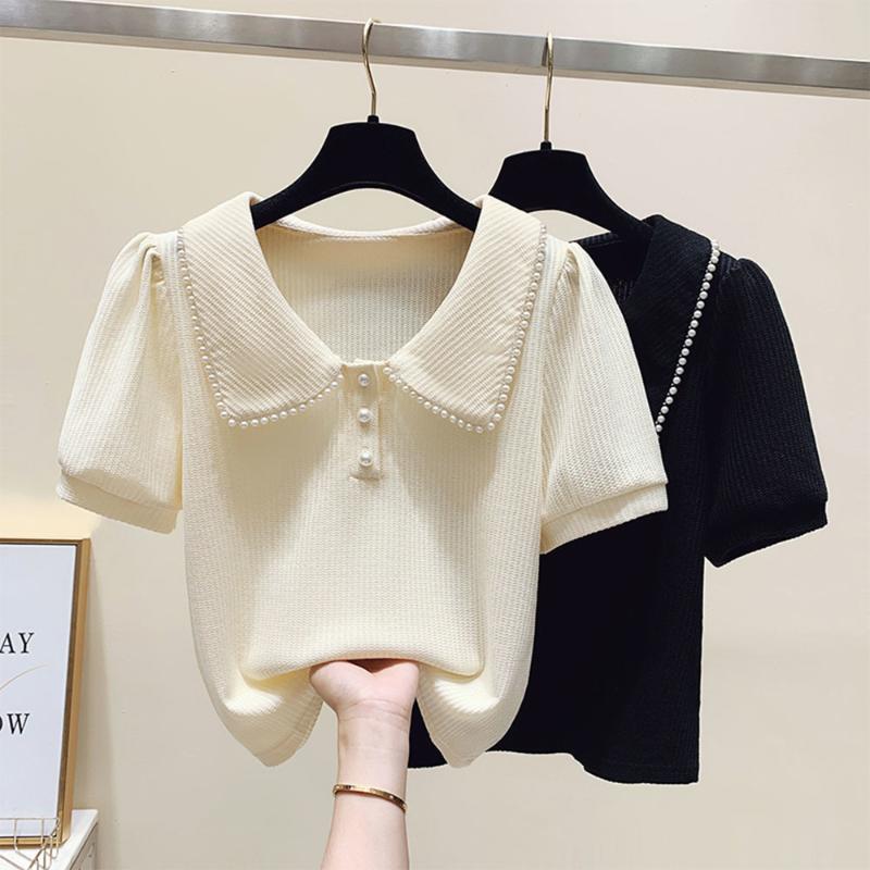 

Women's Sweaters Pearl Beading Knitted Tops Women Summer Short Sleeve Turn-down Collar Pullover Solid Slim Korean Fashion Female PulloversWo, Black
