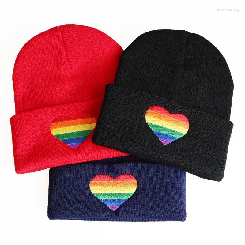 

Beanies Winter Unisex Embroidery Colorful Love Shape Hat Outdoor Earflap Rainbow Heart Knitted Skullies Beanie Streetwear Warm
