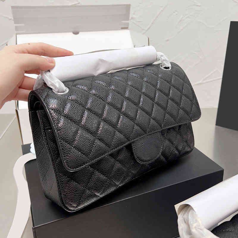 

Womens Classic Double Flap Caviar Leather Quilted Black Bags Silver/Gold Metal Hardware Matelasse Chain Crossbody Shoulder Luxury Designer, Box