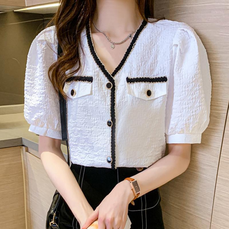 

Women' Blouses & Shirts LJSXLS 2022 Fashion V-Neck Short Sleeve Shirt Women Summer All-match Casual Single Breasted Female Black Blouse Fem