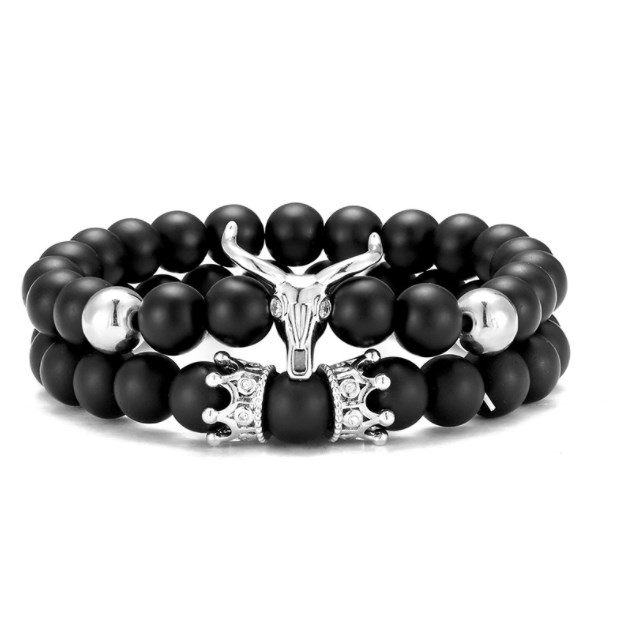 

2pcs/set sheep's head black matte skull 8mm gold silver copper cz zircon cubic zirconia beads Bracelet agate Onyx Stone Bangles q3tg1q