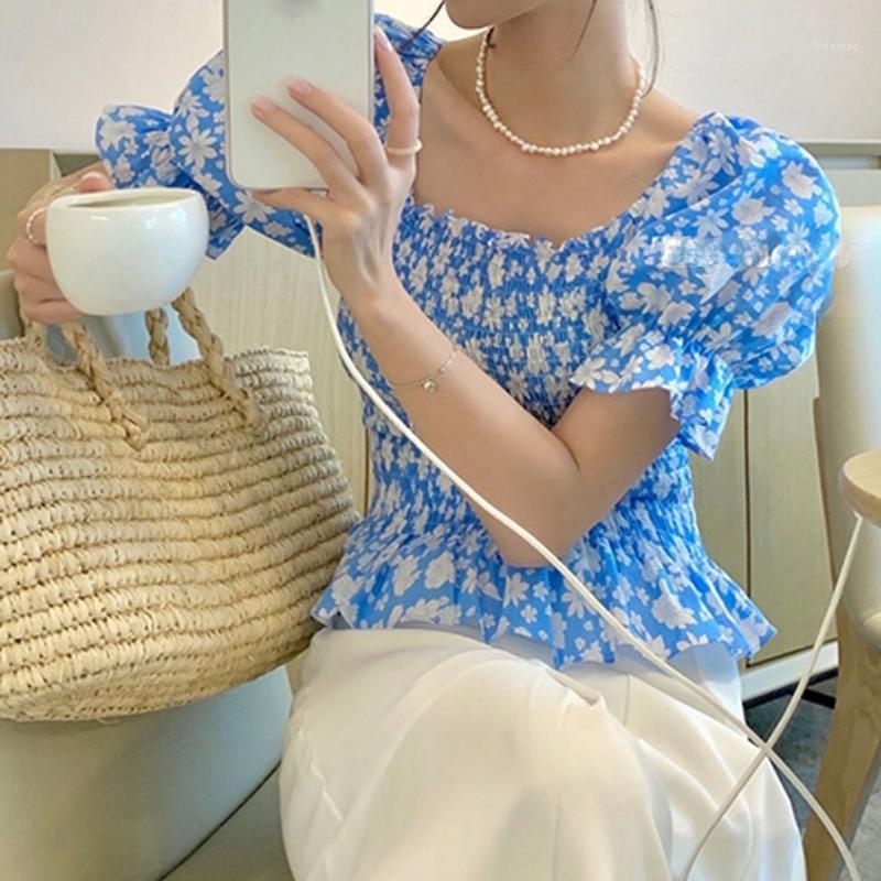 

Women's Blouses & Shirts Nomikuma Floral Printed Shirt Women Square Collar Short Puff Sleeve Blouse Slim Waist Korean Style Chic Summer Tops, Green