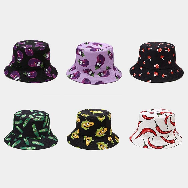 

Berets Unisex Double Side Bucket Hat Creative Printing Vegetable Pattern Fisherman Female Summer Outdoor Casual Basin DM1299