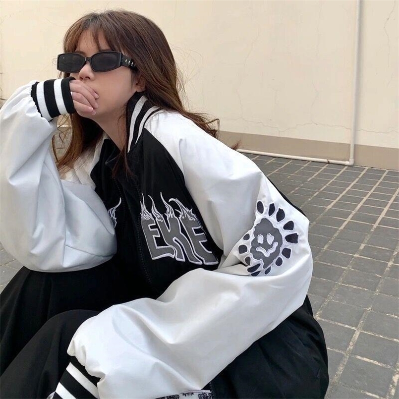 

street jacket women embroidery baseball uniform spring autumn Vintage Punk Korean loose couple bomber men 220727