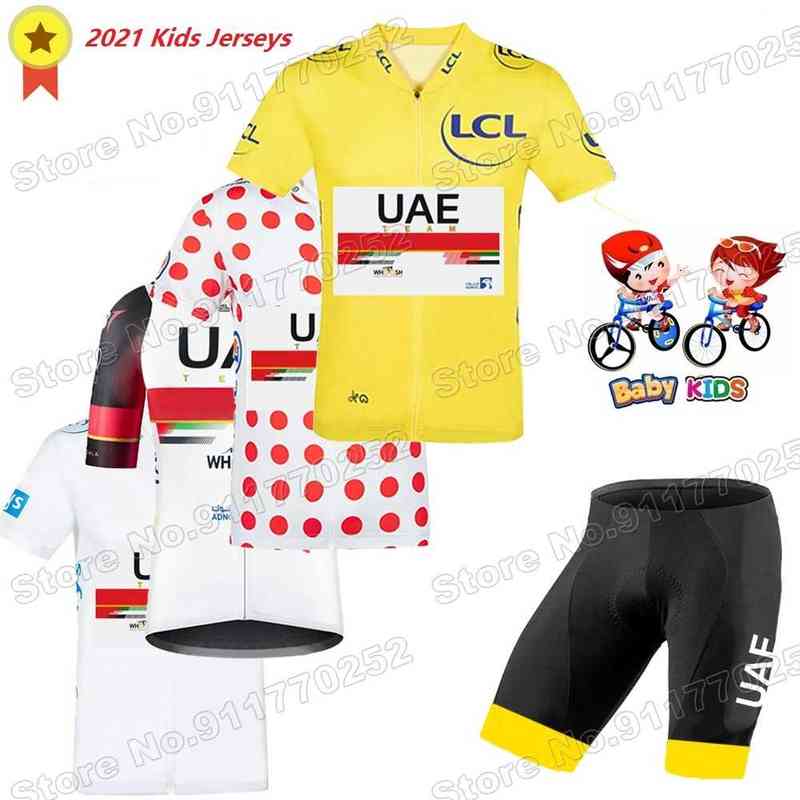 2021 France Competition UAE Team Kids Cycling Jersey Sets Yellow Green White Polka Dot Cycling Clothing Road Bike Shirt Suit-image-784302673