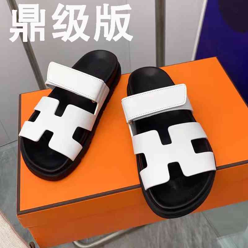 Original Herme Sandals Slipper 2022 Spring and Summer New Leather Flat Comfortable Slippers Breathable and Versatile Fashion Velcro Thick Second