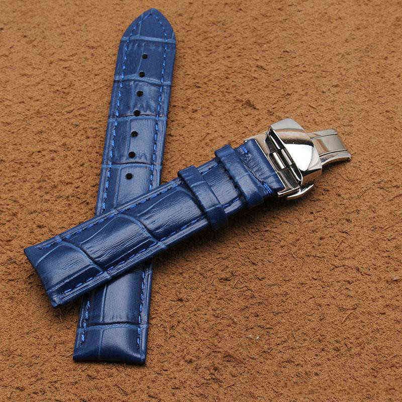 

7A+Hot Cowhide Leather band watch strap Silver stainless steel metal buckle butterfly deployment Blue watchbands for men 14 16 18mm 20mm 22mm