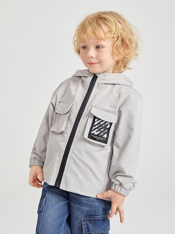 

Toddler Boys Patched Detail Flap Pocket Hooded Jacket SHE, Light grey