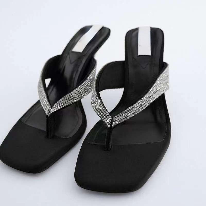

Dress Shoes Sexy Women's Slippers Black Rhinestone Thong Stiletto Sandals Flip-flops ShoesDress