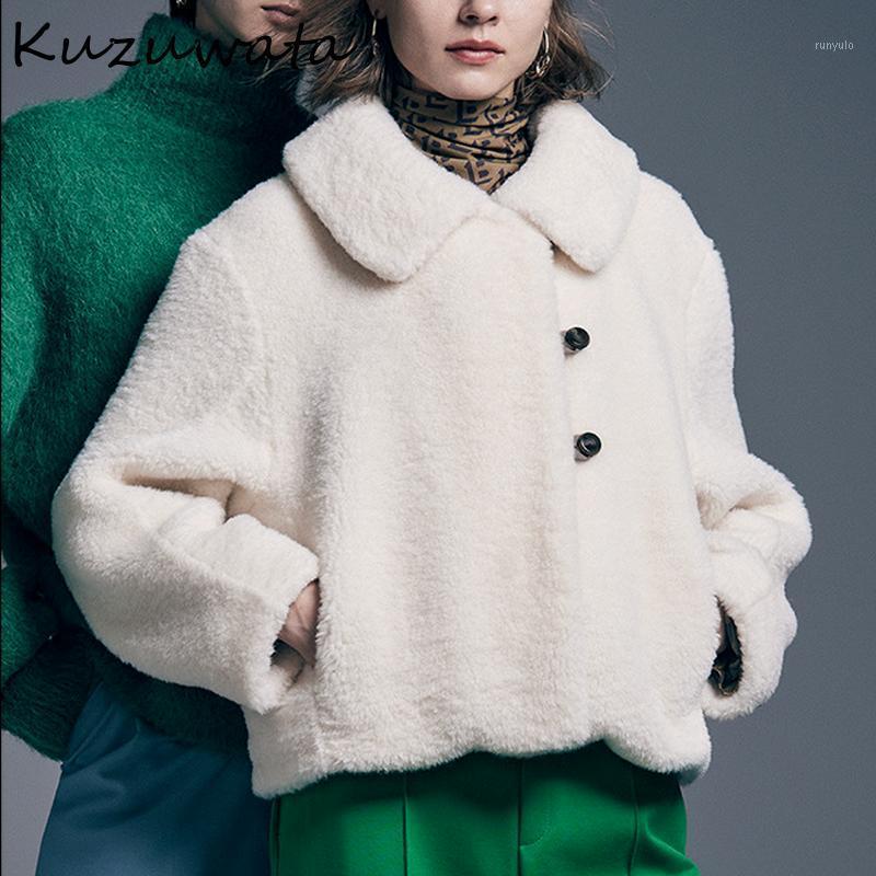 

Women's Jackets Kuzuwata 2022 Autumn Winter Women Outerwear Japanese Solid Lapel Long Sleeve Button Plush Short Warm Thick Coats, Yellow