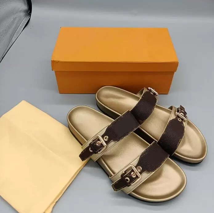 

2022 Designer Men Women Sandals Luxury Print Slide Summer Leather Rubber Bom Dia Flat Mule Lady Shoe Black White Pink Dust Bag 35-45, Vip