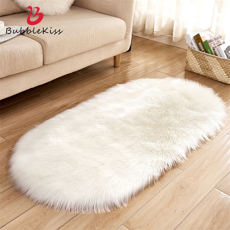 

Plush Soft Sheepskin Carpets For Living Room Decoration Fur Rugs Bedroom Bedside Floor Mat White Pink Oval Imitation Wool Rug 220401, Brown