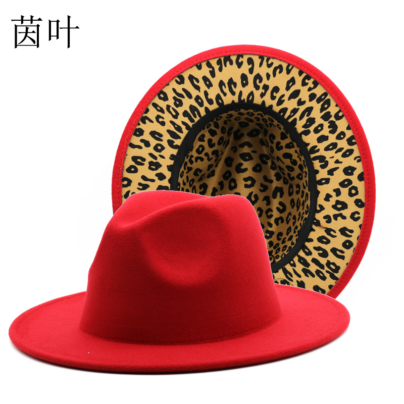 

New Leopard Print Color Matching Top Hat Autumn and Winter Jazz Felt Cap Double-Sided Personalized Top Hat Thickened Fabric, Red