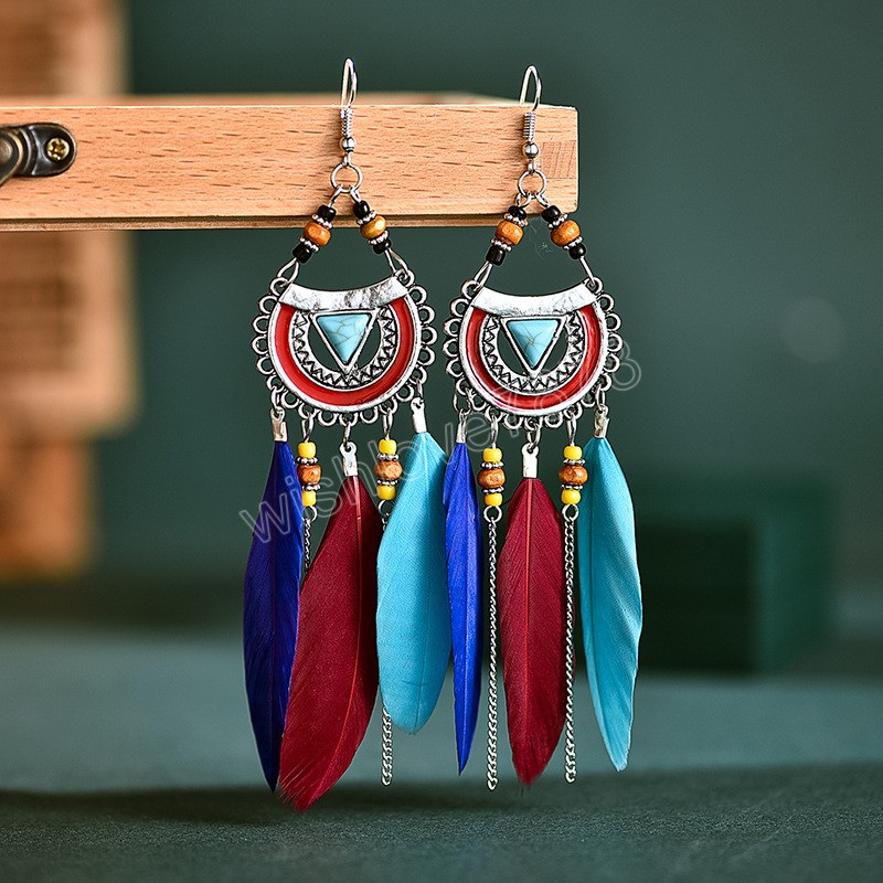 Boucles d'oreilles ethniques plumes rouges bijoux indiens bohème en forme d'éventail bois/pierre perles gland boucles d'oreilles pendantes pour f