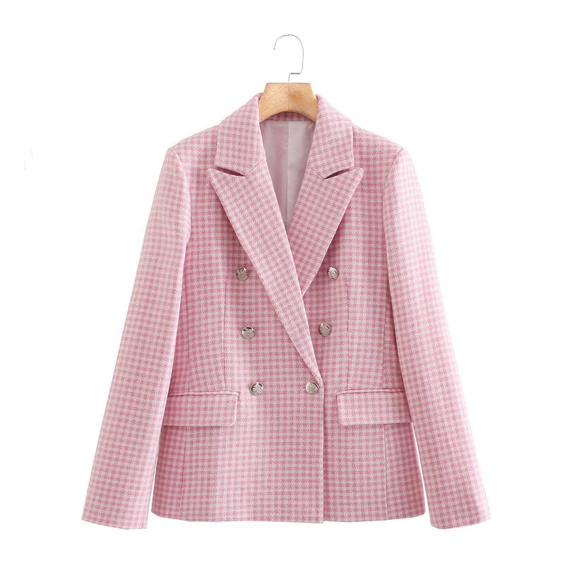 

Women' Jackets Women And Coats For Autumn 2022 Turn-down Collar Full Sleeve Elegant Houndstooth Double Breasted Blazer Outwear C2895, Pink