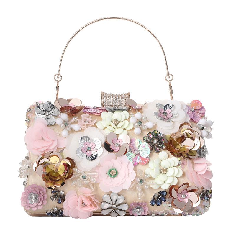 

Evening Bags Handmade Flower Bag Party Clutch Lady Bridal Bead Embroidered Female BagEvening, Beige
