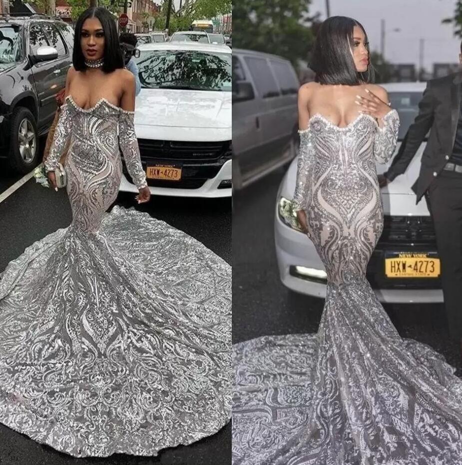 Luxury Silver Sequined Long Sleeve Mermaid Prom Dress for Black Girls Plus Size Court Train African Evening Formal Dresses VOG343-image-758805299