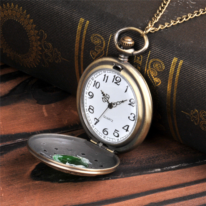 

10pcs Green gem eye large pocket watch carved hollow flap emerald 063-1, Black