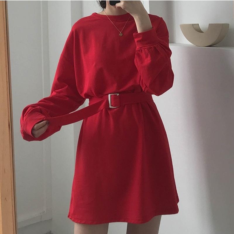 

Casual Dresses T-shirt Skirt Female Waist Is Thin Spring And Autumn Solid Color Long-sleeved Dress Korean Assembly BeltCasual, Black