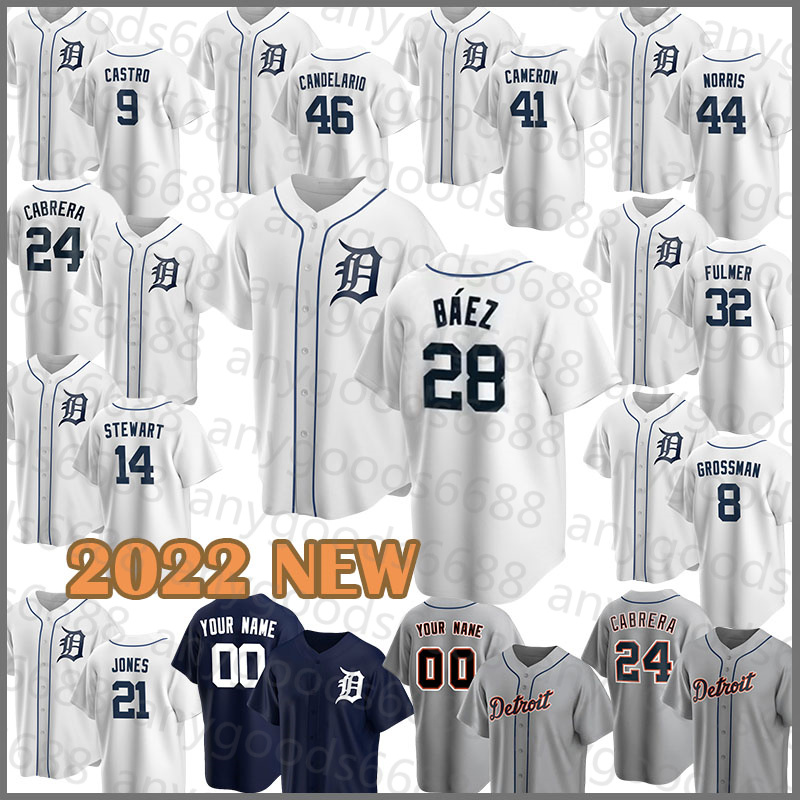 

Detroit 2022 New Tigers Baseball Jersey 28 Javier Baez 24 Miguel Cabrera 23 Kirk Gibson 15 Tucker Barnhart 21 Jacoby Jones 64 Dustin Garneau 34 Jake Rogers 13 Eric Haase, Mens(laohu-fugu