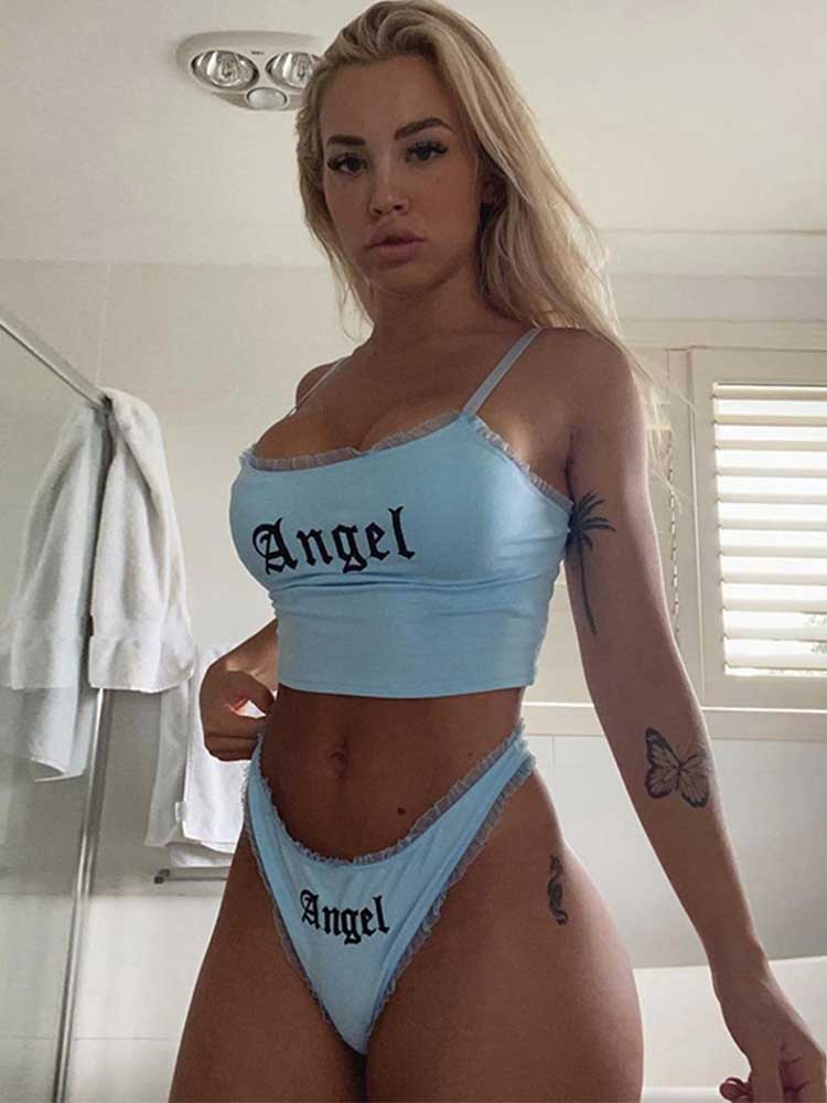 

Women's Tracksuits Lovely Lace Angel 2 Pieces Sets Sexy Crop Top and Shorts Sets Underpants Two Piece Set Female Beach Outfit, Blue